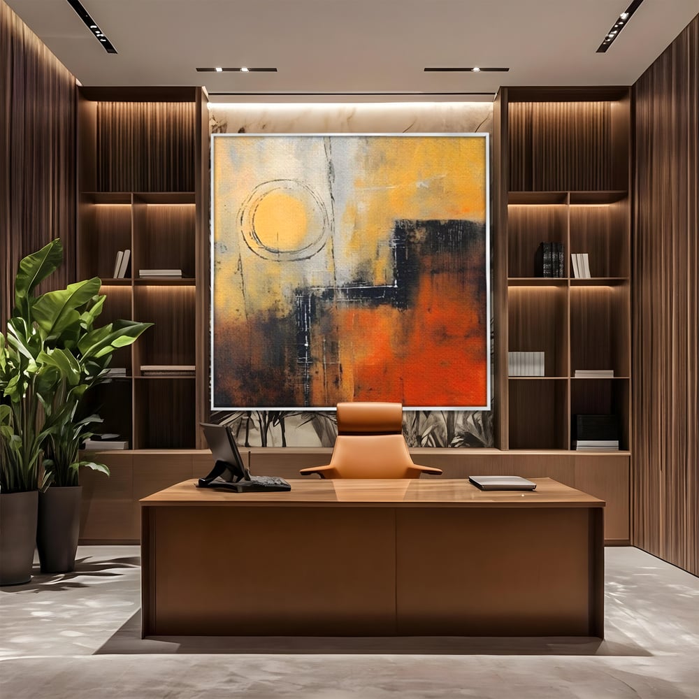 Tablou canvas cu pictura abstracta cu cerc galben, in rama de aluminiu argintiu, pe perete intr-un birou